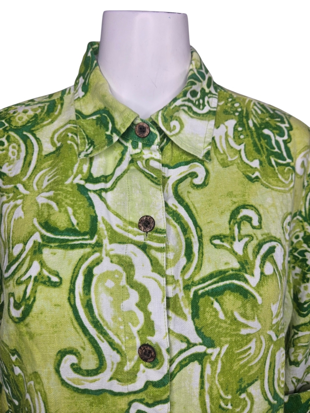 Chicos Womens Green Floral Print Linen Button Up Sz 1 (M/8) Resort Summer Mature